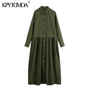 Kpytomoa dames chique mode buttonup geplooide midi jurk vintage lange mouw kant ventilatieopeningen vrouwelijke jurken vestidos mujer 210303