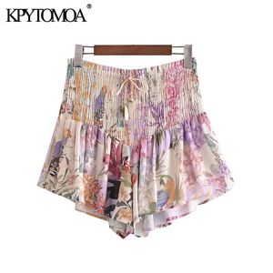 KPYTOMOA Femmes Chic Mode Floral Print Smocké Shorts Vintage Haute Taille Élastique Avec Cordon Femelle Pantalon Court Mujer 210719