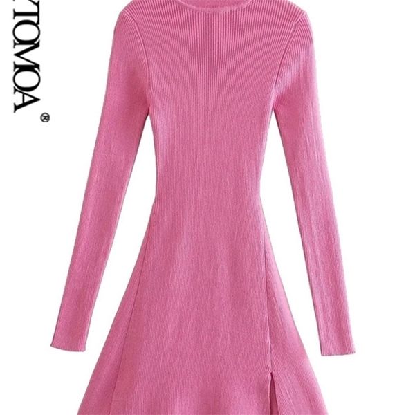 KPYTOMOA femmes Chic mode avant fente ajustée en tricot Mini robe Vintage col haut à manches longues robes féminines Vestidos Mujer 220210