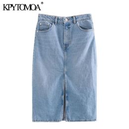 KPYTOMOA Femmes Chic Mode Haute Taille Denim Midi Jupe Vintage Zipper Fly Poches Avant Vents Femelle Jupes Faldas Mujer 210306