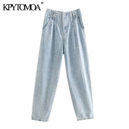 KPYTOMOA Frauen Chic Mode Hohe Taille Paperbag Jeans Vintage Zipper Fly Back Elastische Denim Hosen Weibliche Jean Hosen 201029