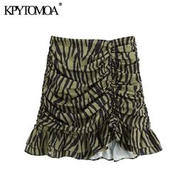 Kpytomoa dames chique mode luipaard print ruche gedrapeerde mini rok vintage hoge taille rug zipper vrouwelijke rokken mujer 210306