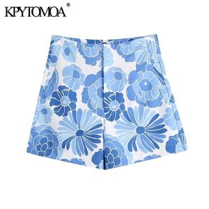 KPYTOMOA Dames Chique Fashion Side Pockets Bloemenprint Bermuda Shorts Vintage Hoge Taille Zipper Vlieg Vrouwelijke Korte Broek Mujer 210724