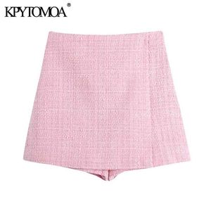 KPYTOMOA Mujeres Chic Moda Tweed Pantalones cortos Faldas Vintage Cintura alta Cremallera trasera Mujer Skort Mujer 210719
