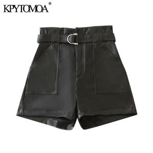 KPYTOMOA Dames Chique Mode Met Riem Faux Leren Shorts Vintage Hoge Taille Rits Fly Pockets Vrouwelijke Korte Broek Mujer 210714