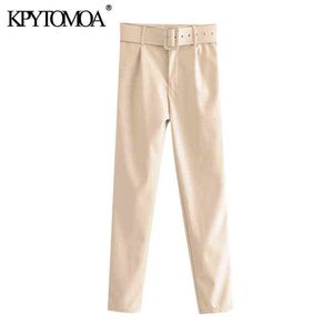 Kpytomoa Vrouwen chique mode met riem PU faux lederen broek vintage hoge taille rits vlieg vrouwelijke enkel broek Mujer 211124