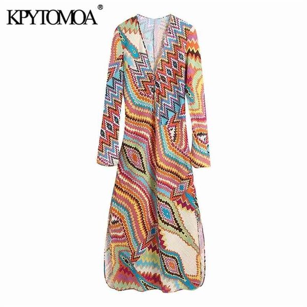 KPYTOMOA Mujeres Chic Moda con cordón Impreso Midi Vestido Vintage Manga larga Ventilaciones laterales Vestidos femeninos Vestidos Mujer 210806