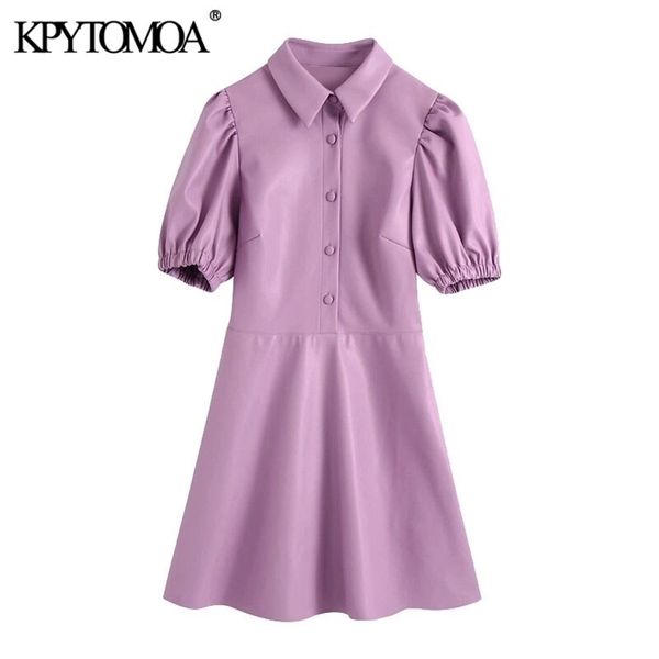 KPYTOMOA femmes Chic mode avec garniture élastique Faux cuir Mini robe Vintage manches bouffantes bouton-up femmes robes Mujer 210323
