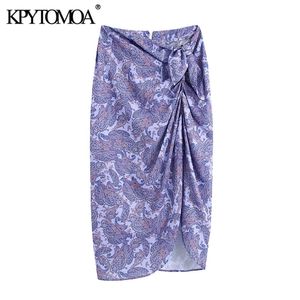 KPYTOMOA Femmes Chic Mode Avec Noeud Paisley Imprimer Wrap Midi Jupe Vintage Taille Haute Retour Zipper Femme Jupes Mujer 210629