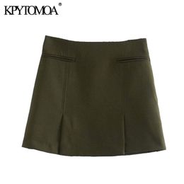 KPYTOMOA femmes Chic mode avec poches avant évents Mini jupe Vintage taille haute côté fermeture éclair femme jupes Mujer 210306