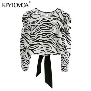 Kpytomoa Women Fashion Animal Print bijgesneden blouses vintage puff mouw Backless Bow Betied vrouwelijke shirts chic tops 210308