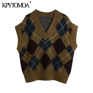 KPYTOMOA Damesmode Argyle losse gebreide vest trui vintage v-hals mouwloze vrouwelijke vest chique tops 210819