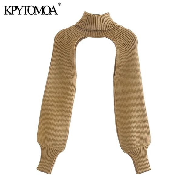 KPYTOMOA Mujeres Moda Calentadores de brazos Suéter de punto Vintage Cuello alto Manga larga Jerseys femeninos Chic Tops 210812