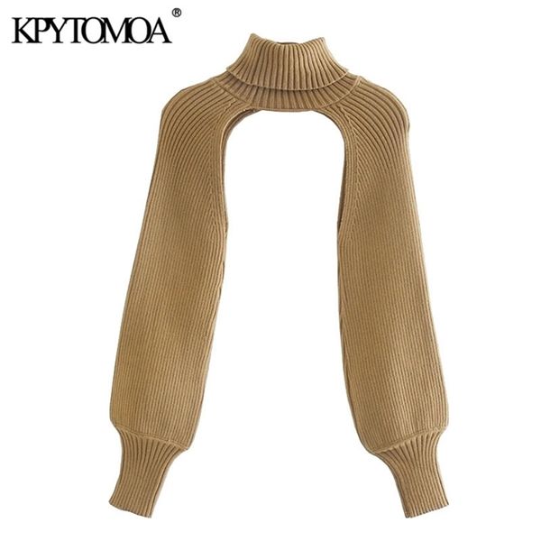 KPYTOMOA Mujeres Moda Calentadores de brazos Suéter de punto Vintage Cuello alto Manga larga Jerseys femeninos Chic Tops 210914