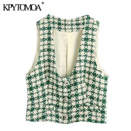 KPYTOMOA femmes mode bouton-up Tweed recadrée gilets manteau Vintage col en V à manches longues vêtements de dessus pour femmes Chic hauts 201214