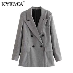 KPYTOMOA Femmes Mode Double Boutonnage Check Blazer Manteau Vintage Manches Longues Poches Femelle Survêtement Chic Tops 211006