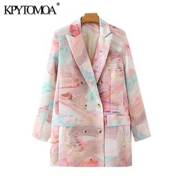 KPYTOMOA Femmes Mode Double Boutonnage Graffiti Imprimer Blazers Manteau Vintage À Manches Longues Poches Femme Survêtement Chic Tops 210930