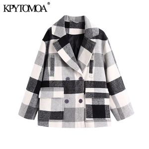 Kpytomoa dames mode dubbele borsten plaid wollen jas jas vintage lange mouw zakken vrouwelijke bovenkleding chic tops 201029
