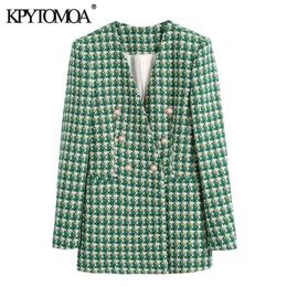 KPYTOMOA Frauen Mode Zweireiher Tweed-Blazer Mantel Vintage Langarm Leisten Taschen Weibliche Oberbekleidung Chic Veste Femme 211122