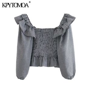 Kpytomoa Women Fashion Elastic Smocked Ruffled Cropted Blouses Vintage Lantern Sleeve Plaid vrouwelijke shirts blusas chic tops 210226