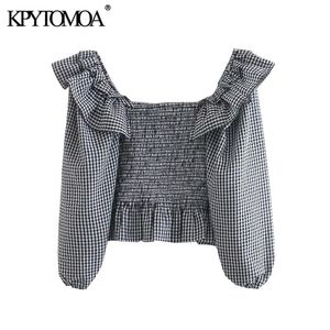 KPYTOMOA Femmes Mode Élastique Smocké Volants Blouses Courtes Vintage Lanterne Manches Plaid Femme Chemises Blusas Chic Tops 210401