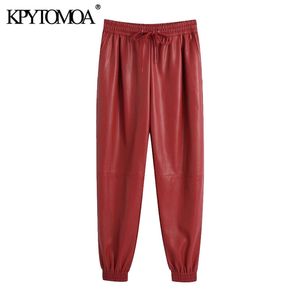 KPYTOMOA femmes mode Faux cuir Jogging pantalon Vintage haute taille élastique cordon femme cheville pantalon Mujer 201113