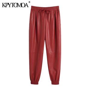 KPYTOMOA femmes mode Faux cuir Jogging pantalon Vintage haute taille élastique cordon femme cheville pantalon Mujer 201031