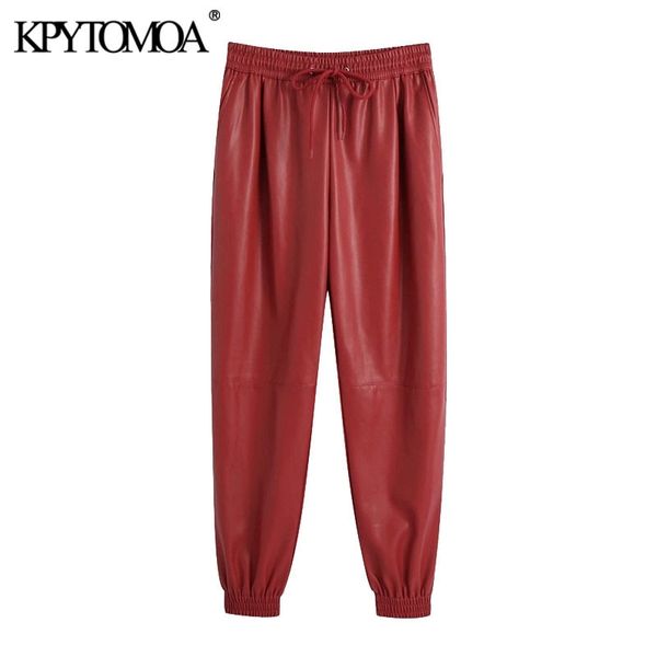 KPYTOMOA femmes mode Faux cuir Jogging pantalon Vintage haute taille élastique cordon femme cheville pantalon Mujer 201113