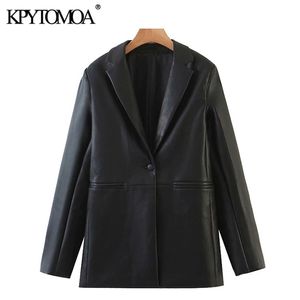 KPYTOMOA femmes mode Faux cuir bouton unique Blazers manteau Vintage à manches longues poches vêtements de dessus pour femmes Chic hauts 211006