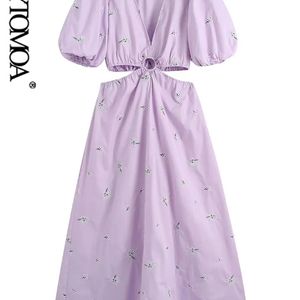 Kpytomoa Women Fashion Floral Embroidery Poplin Hollow Out Midi Dress Vintage Puff Sleeve Backless Female Dresses Vestidos 220629