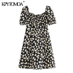 Kpytomoa Women Fashion Floral Print Mini Dress Vintage Tied V Neck Puff Sleeve rug Zipper vrouwelijke jurken Vestidos Mujer T200613