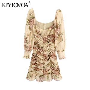 Kpytomoa Women Fashion Floral Print Ruffled Draped Mini Dress Vintage Lantern Sleeve Back Zipper Vrouwelijke jurken Vestidos 210303