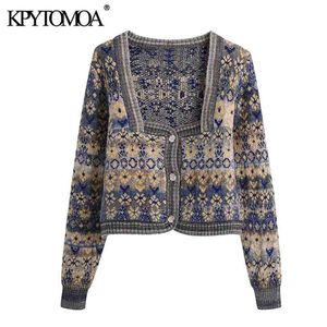 KPYTOMOA Damesmode Jacquard Cropped Gebreide Cardigan Sweater Vintage Lange Mouwen Button-Up Vrouwelijke Bovenkleding Chic Tops 210918
