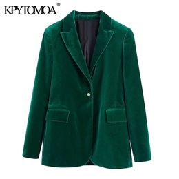 KPYTOMOA Donna Moda Bottone in metallo Velluto Verde Giacca Cappotto Vintage Manica lunga Tasche con patta Capispalla femminile Chic Veste 220216