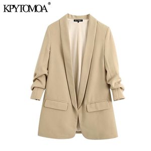 KPYTOMOA Dames Mode Kantoor Wear Basic Blazer Jas Vintage Rollow-up Mouwen Zakken Vrouwelijke Bovenkleding Chic Tops 210930