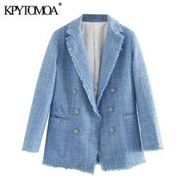 KPYTOMOA Femmes Mode Bureau Porter Double Boutonnage Tweed Blazer Manteau Vintage Manches Longues Effiloché Femelle Survêtement Chic Tops 201114