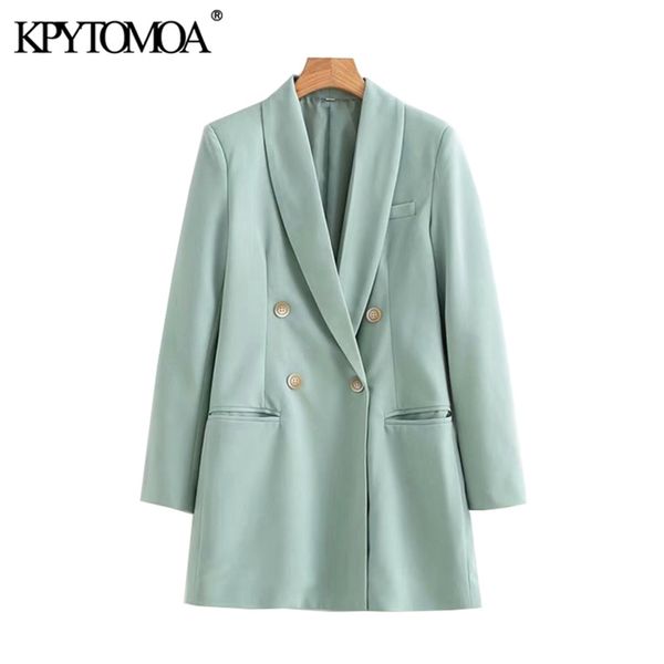 KPYTOMOA Mujeres Moda Oficina Desgaste Doble Pecho Blazers Abrigo Vintage Manga Larga Suelta Ajuste Mujer Outerwear Chic Tops LJ200815