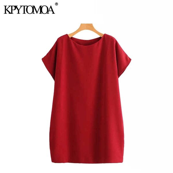 KPYTOMOA Femmes Fashion Office usure Mini-robe solide Vintage O Cou Cou Batwing Manches Robes Féminines Chic Vestidos Mujer T200613