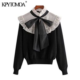 KPYTOMOA femmes mode Organza Patchwork à volants pull tricoté Vintage col haut nœud papillon femme pulls Chic hauts 210805