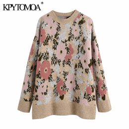 KPYTOMOA Femmes Mode Surdimensionné Floral Jacquard Chandail Tricoté Vintage O Cou À Manches Longues Femme Pulls Chic Tops 211215
