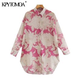 Kpytomoa Women Fashion Oversized Floral Print Asymmetry Blouses Vintage lange mouw button-up vrouwelijke shirts blusa chic tops 210308