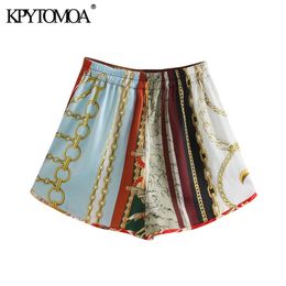 KPYTOMOA Femmes Mode Patchwork Chaîne Imprimer Shorts Vintage Haute Taille Élastique Poches Latérales Femme Pantalon Court Mujer 210719