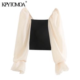 KPYTOMOA Femmes Mode Patchwork Organza Cropped Blouses tricotées Vintage Voir à travers les manches Stretch Chemises féminines Chic Tops 210308