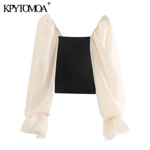 Kpytomoa Women Fashion Patchwork Organza bijgesneden gebreide blouses vintage zie door mouw stretch vrouwelijke shirts chic tops 210308