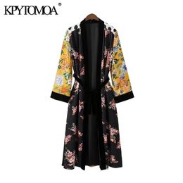 KPYTOMOA Mujeres Moda Patchwork Terciopelo con cinturón Kimono Blusas Vintage Estampado floral Cardigan Camisas femeninas Chic Tops largos 210326