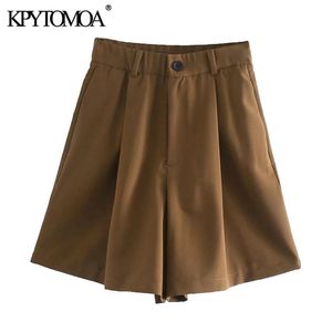Kpytomoa dames mode geplooide bermuda shorts vintage hoge taille rits zakken zakken zakken vrouwelijke korte broek mujer 210301