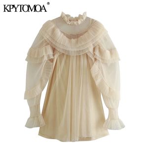 Kpytomoa dames mode geplooide ruche sierlingen tule mini jurk vintage lange mouw met voering vrouwelijke jurken vestidos mujer 210303