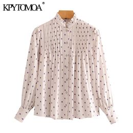 KPYTOMOA femmes mode semi-transparent imprimé Blouses plissées Vintage col haut à manches longues femmes chemises Blusas Chic hauts 210401