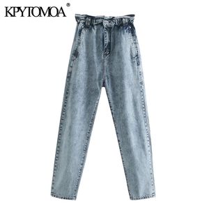 KPYTOMOA Femmes Mode Poches latérales Baggy Paperbag Jeans Vintage Haute Taille élastique Denim Femme Cheville Pantalon Mujer 210629