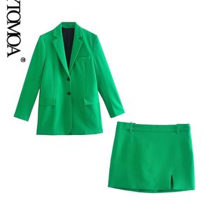 Kpytomoa Vrouwen Mode Enkele Breasted Lange Groene Blazer Jas Vintage Front Slit Hoge Taille Mini Rok Vrouw Sets Mujer 220302